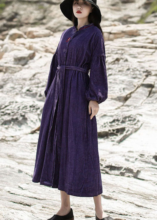 Women Purple Embroideried Pockets Corduroy Dress