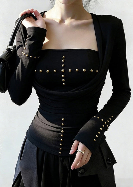 Slim Fit Black Wrinkled Nail Bead Cotton T Shirt Spring