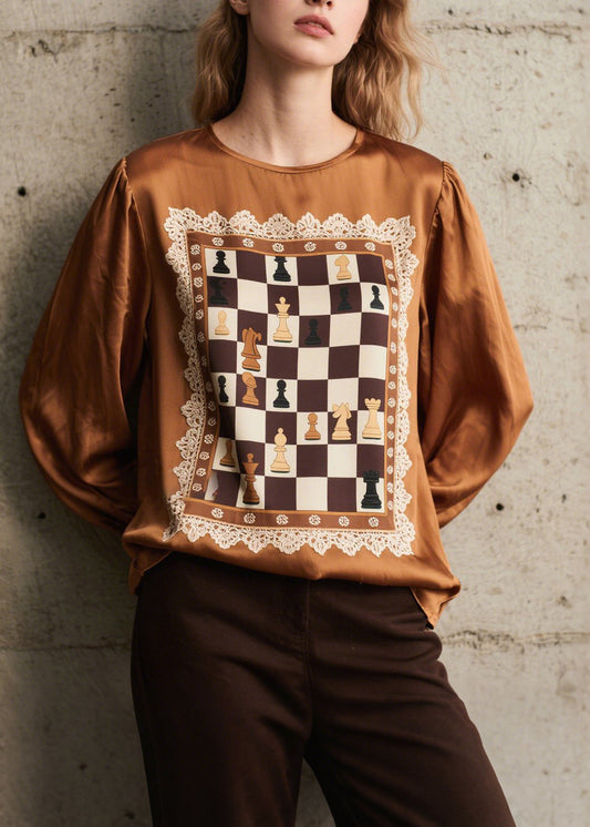 Women Brown Print Patchwork Silk Shirts Spring