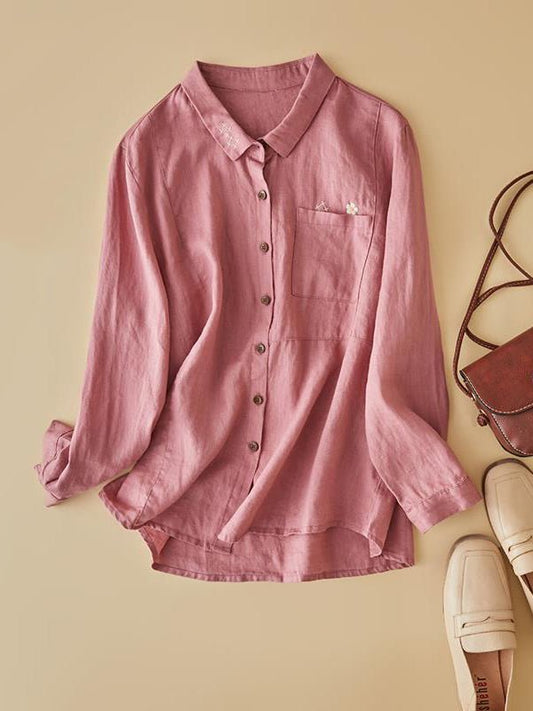 100% Linen Print Lapel Casual Shirt In One-Size In Solid Color