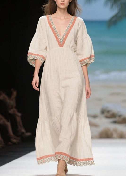 Handmade White Puff Sleeve Patchwork Linen Long Dress