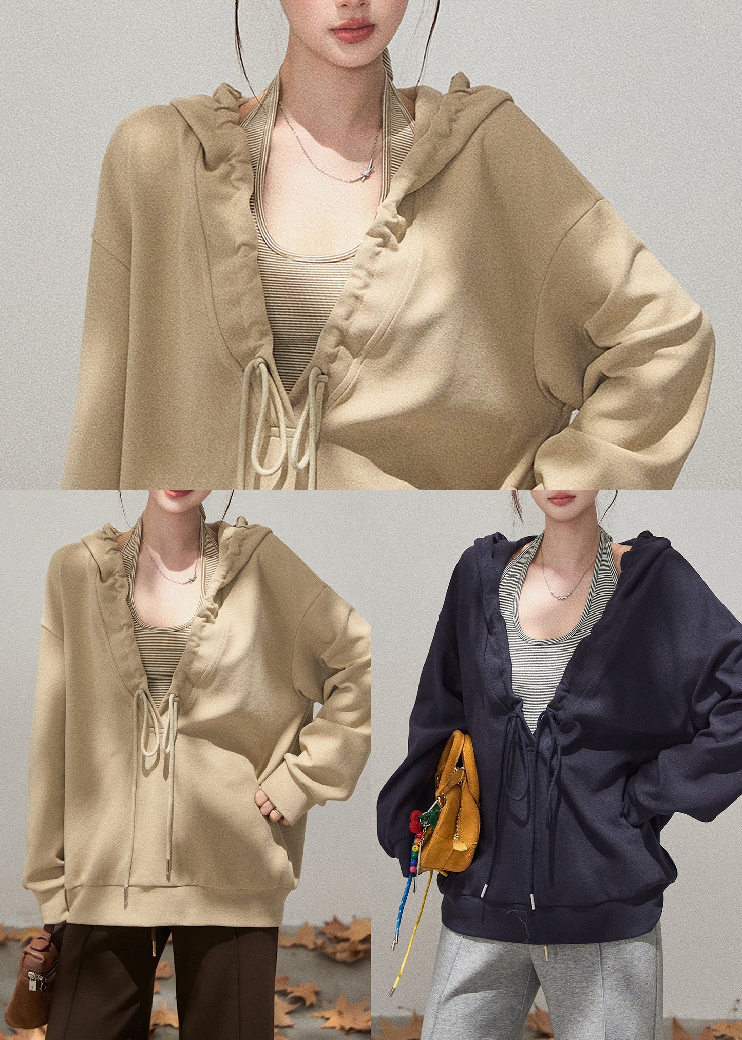 Navy Oversized Cotton Pullover Streetwear Hooded Drawstring Fall