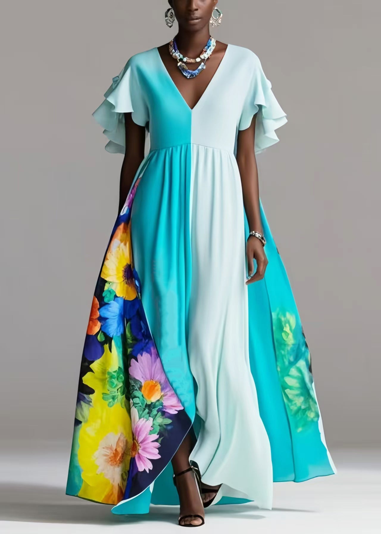 Beautiful Blue Exra Large Hem Patchwork Silk Vestidos Dress Petal Sleeve