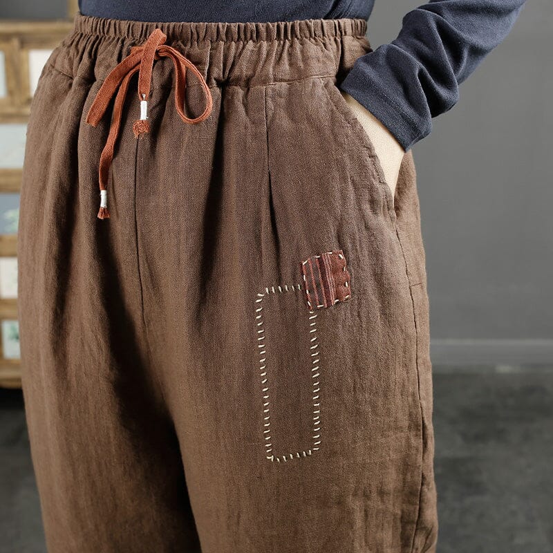 Women Retro Embroidery Linen Quilted Harem Pants