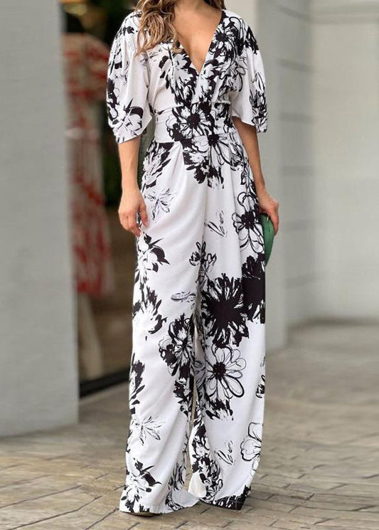 Women Yellow V Neck Print Cotton Jumpsuit Summer