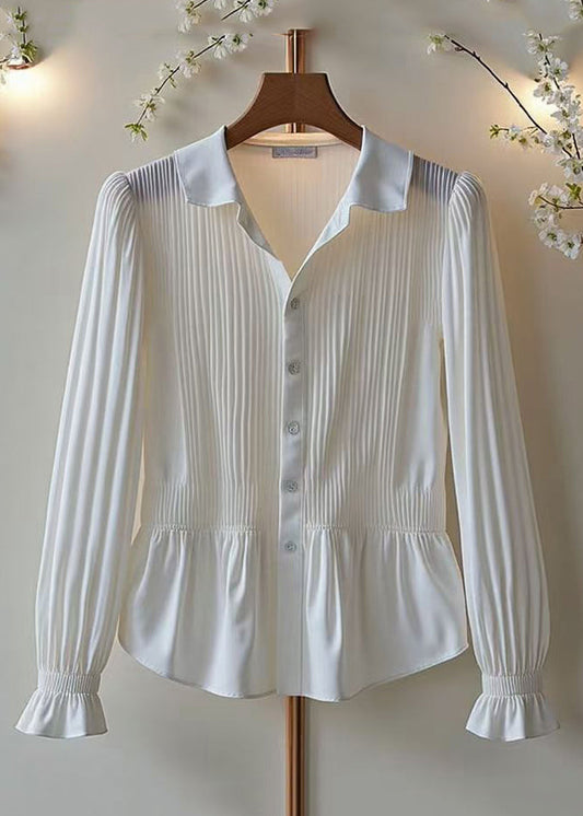 Classy White Button Wrinkled Cotton Blouses Spring