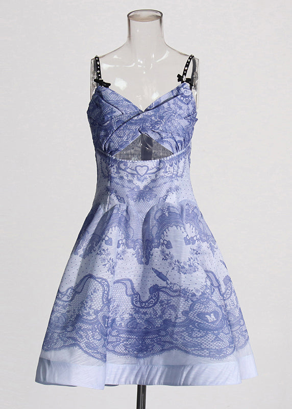 Elegant Blue Print Hollow Out Cotton Spaghetti Strap Dress Sleeveless