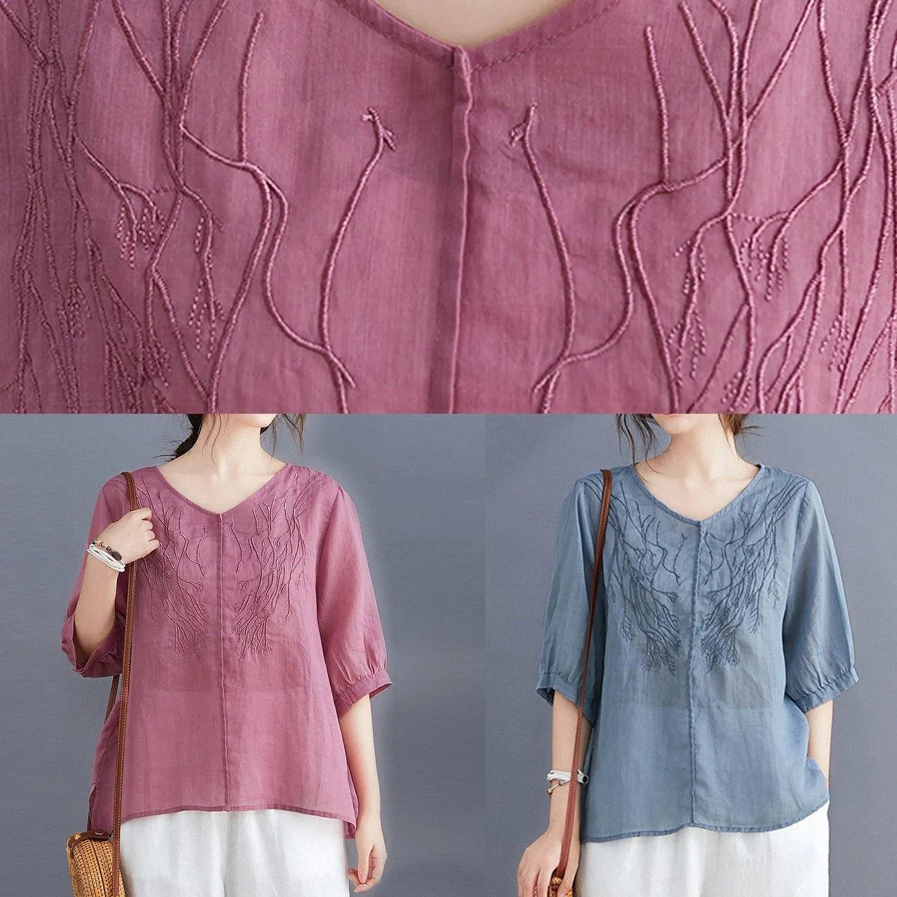 Organic rose clothes For Women v neck embroidery daily blouses