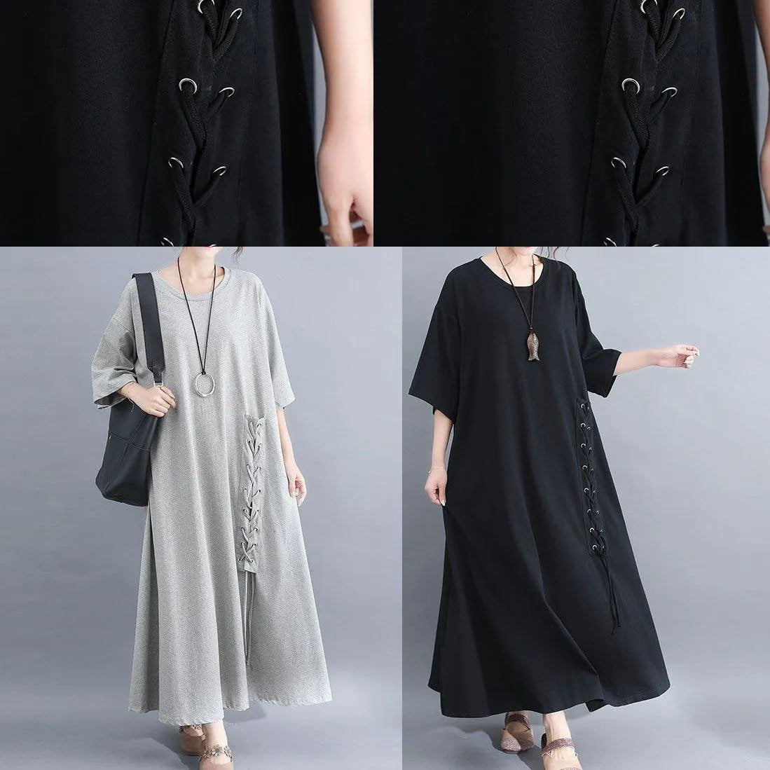 Style o neck cotton clothes Outfits gray half sleeve Dresses summer
