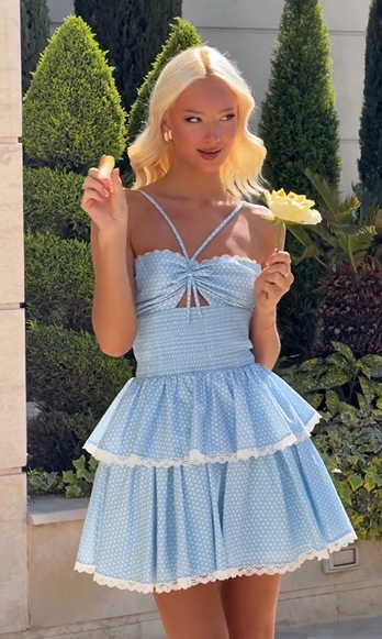 Light Blue Polka Dot Crisscross Tie Cutout Cami Tiered Ruffle Mini Dress | Sweet Lace Trim Sundress
