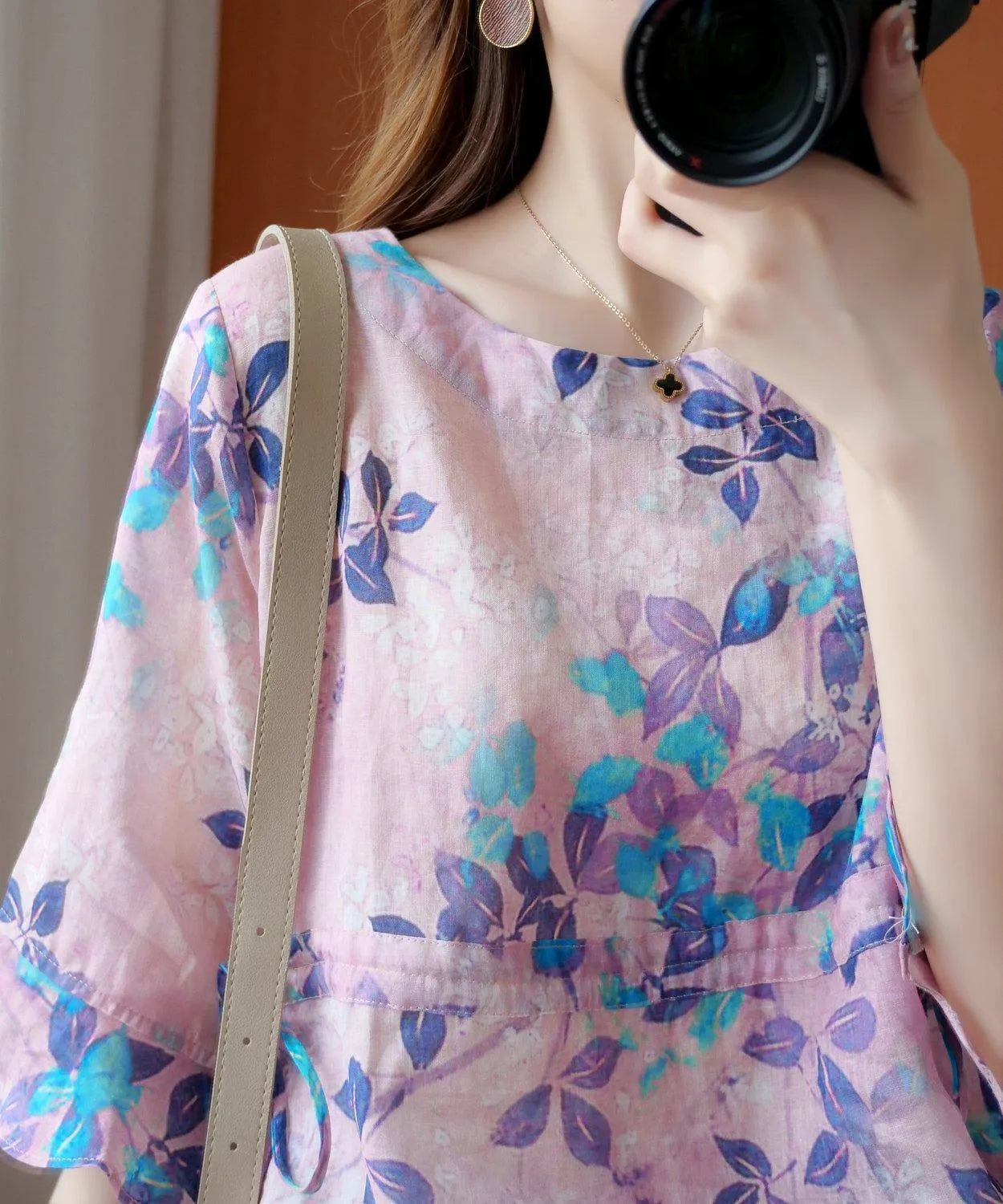 Chic purple print top o neck drawstring daily summer blouses