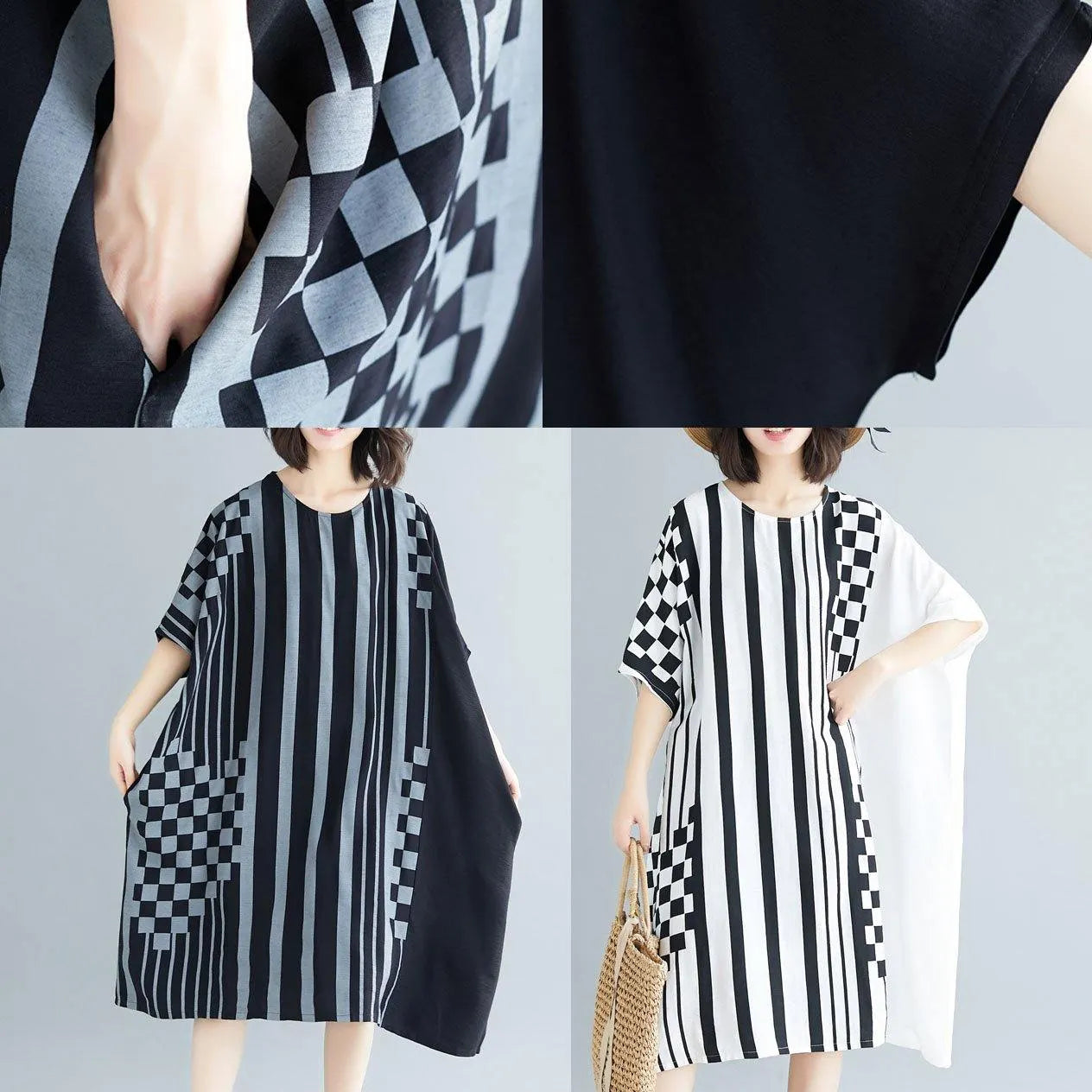 French black striped Cotton dresses o neck asymmetric Art summer Dress