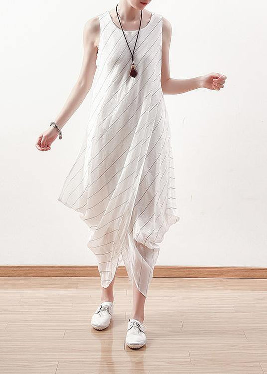DIY asymmetric linen dresses Work white striped Dress summer