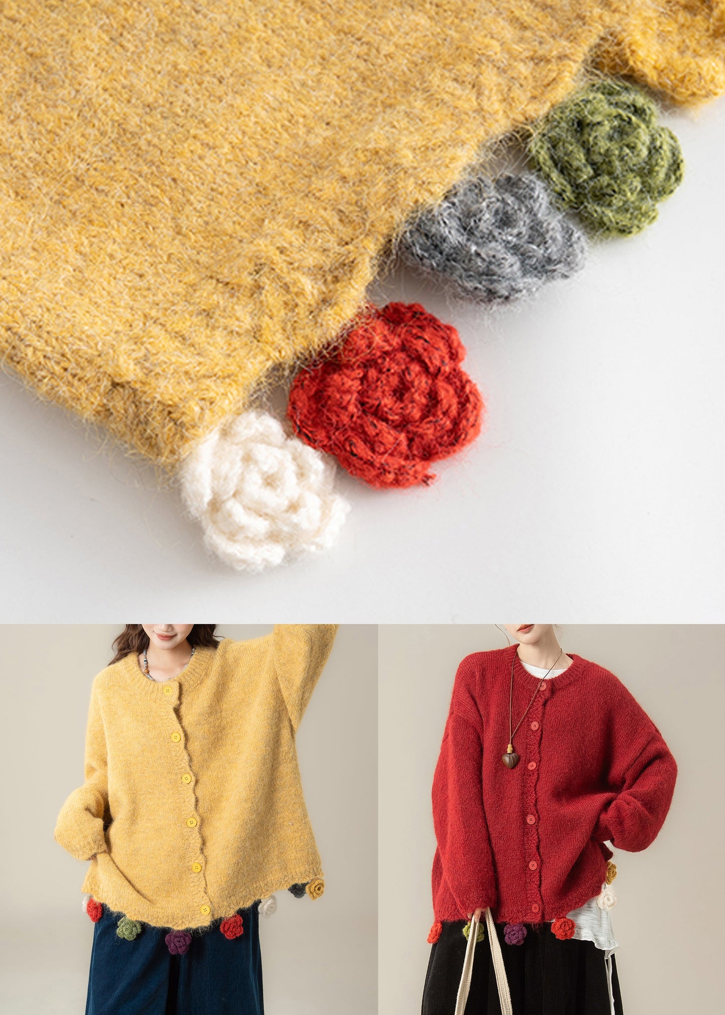 Loose Red O Neck Floral Button Knit Coats Spring
