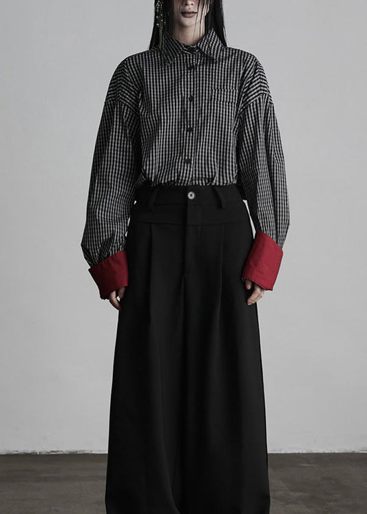 Chic Black Peter Pan Collar Plaid Button Cotton Shirts Fall