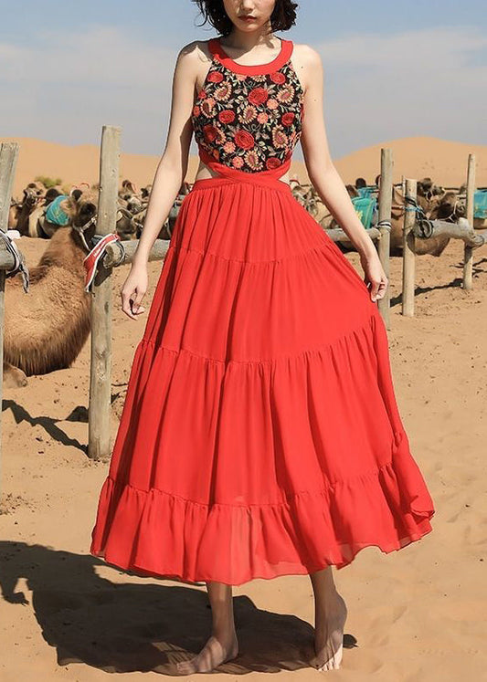 Beautiful Red Embroidered Lace Up Chiffon Long Dress Sleeveless