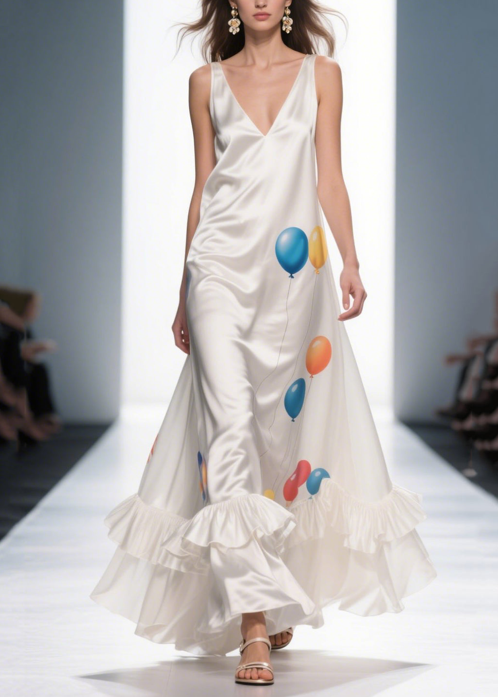 Bohemian Milk White Ruffled Print Silk Vestidos Dress Summer