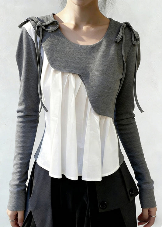 New Grey Asymmetrical Lace Up Patchwork Cotton T Shirts Spring