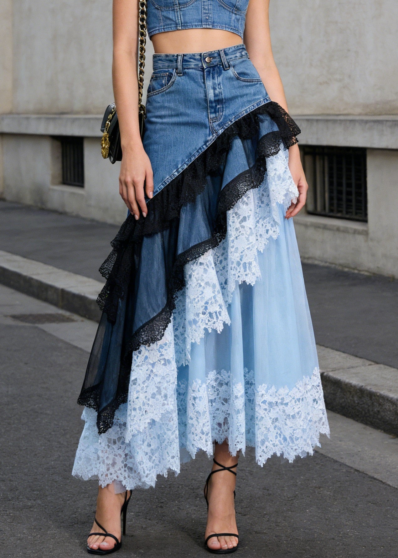 Beautiful Blue Asymmetrical Lace Patchwork Denim Skirts Summer