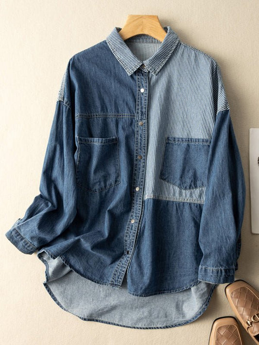 Classic Color-Block Long Sleeve Loose All-Match Shirt