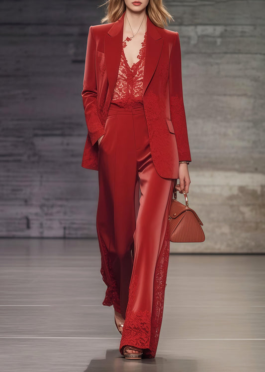 Boutique Red Oversized Patchwork Lace Spandex Coats And Straight PantsTwo Pieces Set Spring