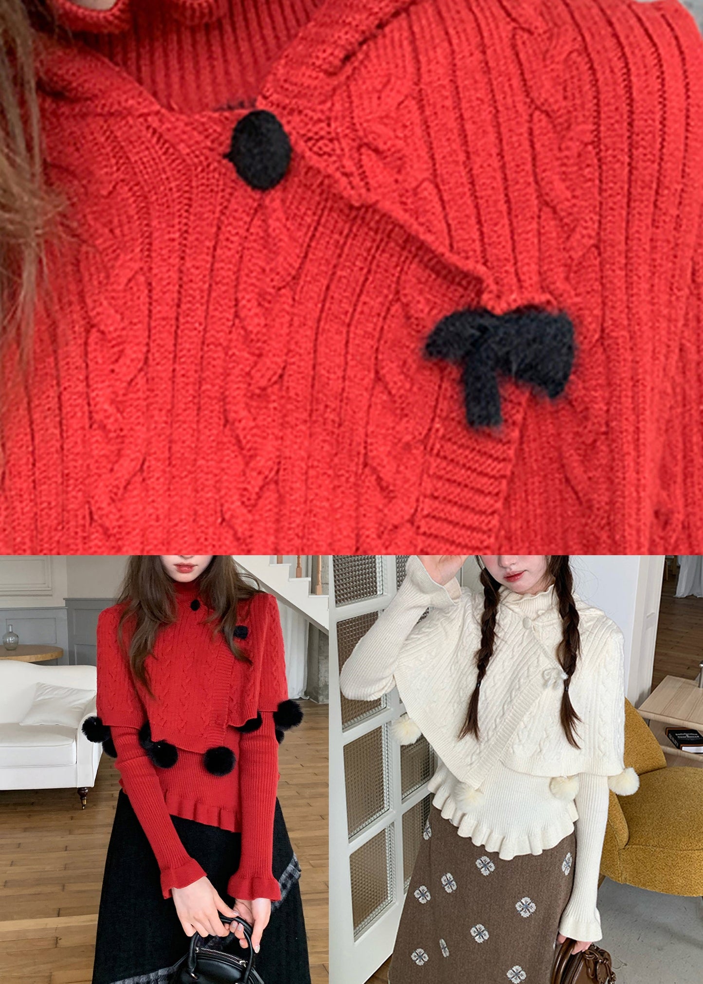 French Red Fuzzy Ball Decorated Cotton Knit Cloak And Sweaters Two-Piece Set Fall