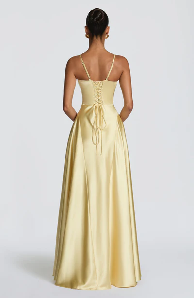 Yellow Satin V-Neck Spaghetti Strap Lace-Up Back A-Line Evening Gown