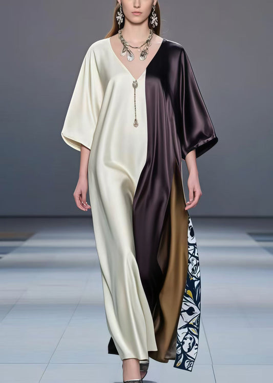 Fitted Colorblock Oversized Patchwork Silk Dresses Half Sleeve