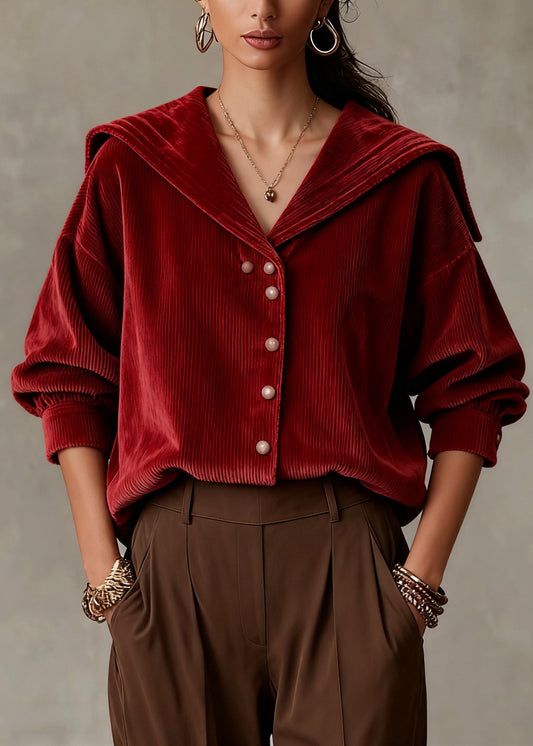 Vintage Red Sailor Collar Button Corduroy Shirts Spring