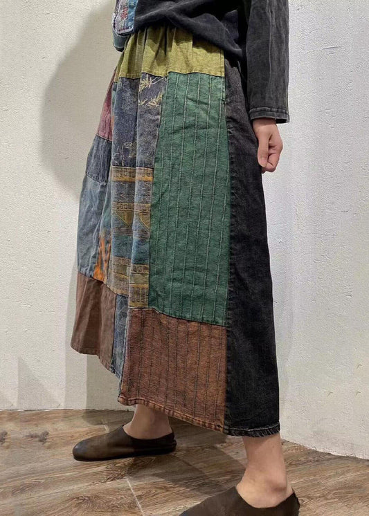 Vintage Colorblock Wrinkled Elastic Waist Patchwork Cotton Skirts Spring
