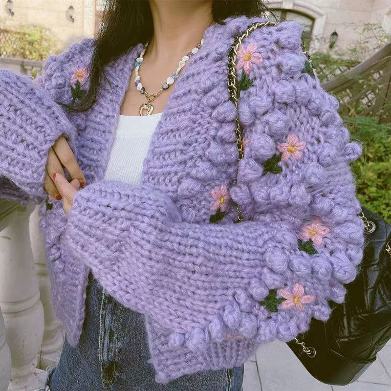 Floral Pearl Button Cardigan-Purple