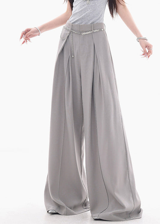 French Grey High Waist Solid Spandex Wide Leg Pants Fall