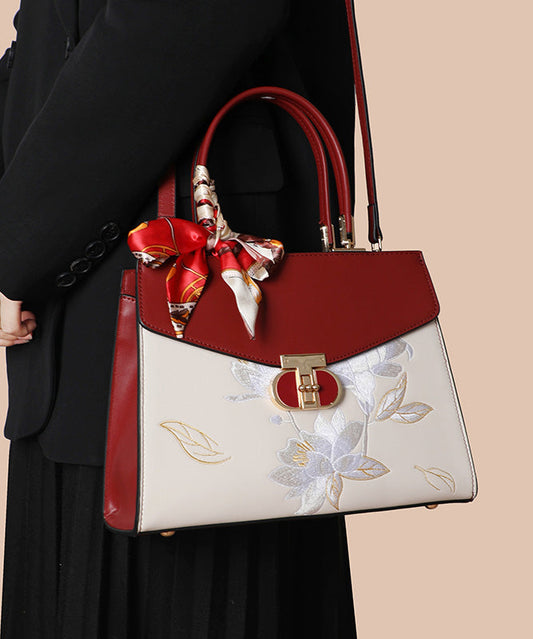 Boutique Colorblock Embroidery Calf Leather Tote Bag