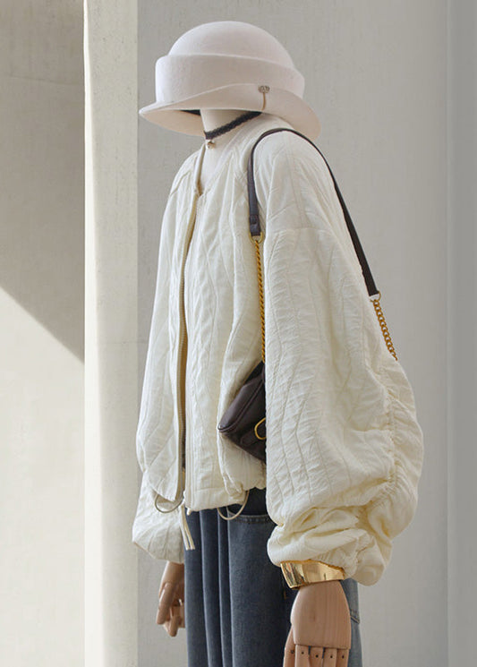 Casual Beige Zip Up Drawstring Loose Cotton Jackets Lantern Sleeve