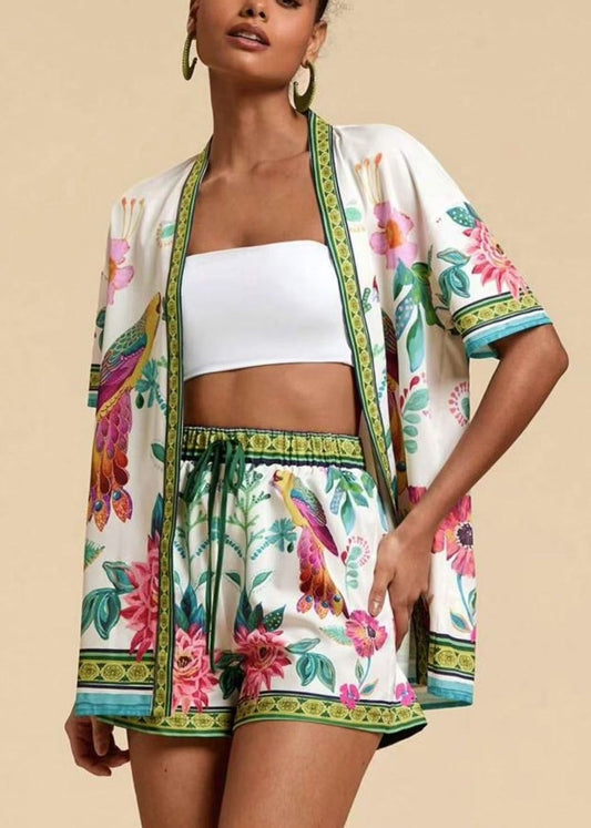 Modern Royal Blue V Neck Print Cardigans And Shorts Two Pieces Set Short Sleeve