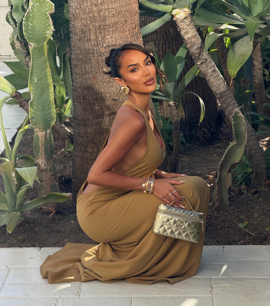 Khaki Halter Open-Back Draped Maxi Dress