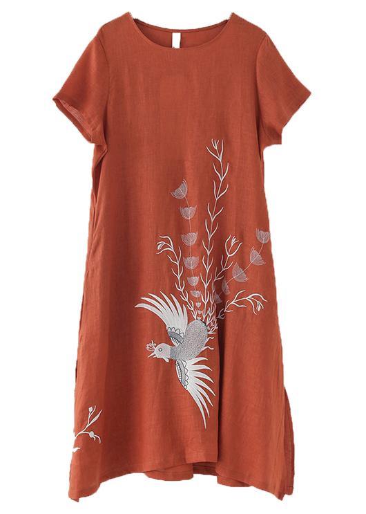 Fashion Orange phoenix Embroideried Linen side open Summer Long Dress