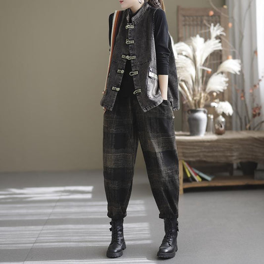 Autumn Retro Loose Patchwork Cotton Harem Jeans