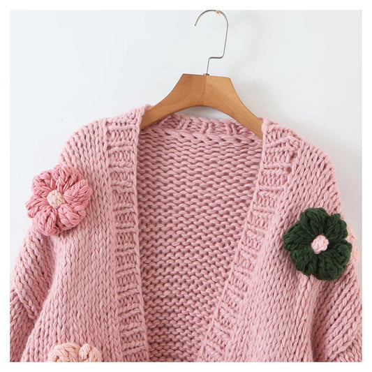 Three dimensional flower thick stick needle knitted cardigan 7374