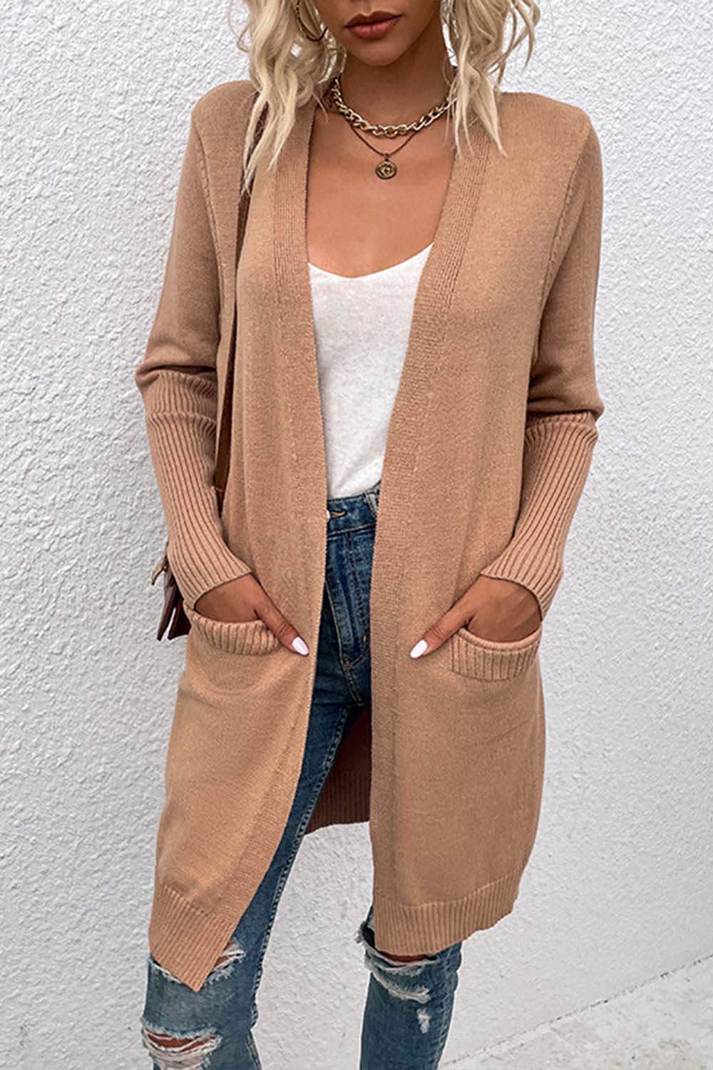 Mid-Length Solid Color Pocket Knit Cardigan