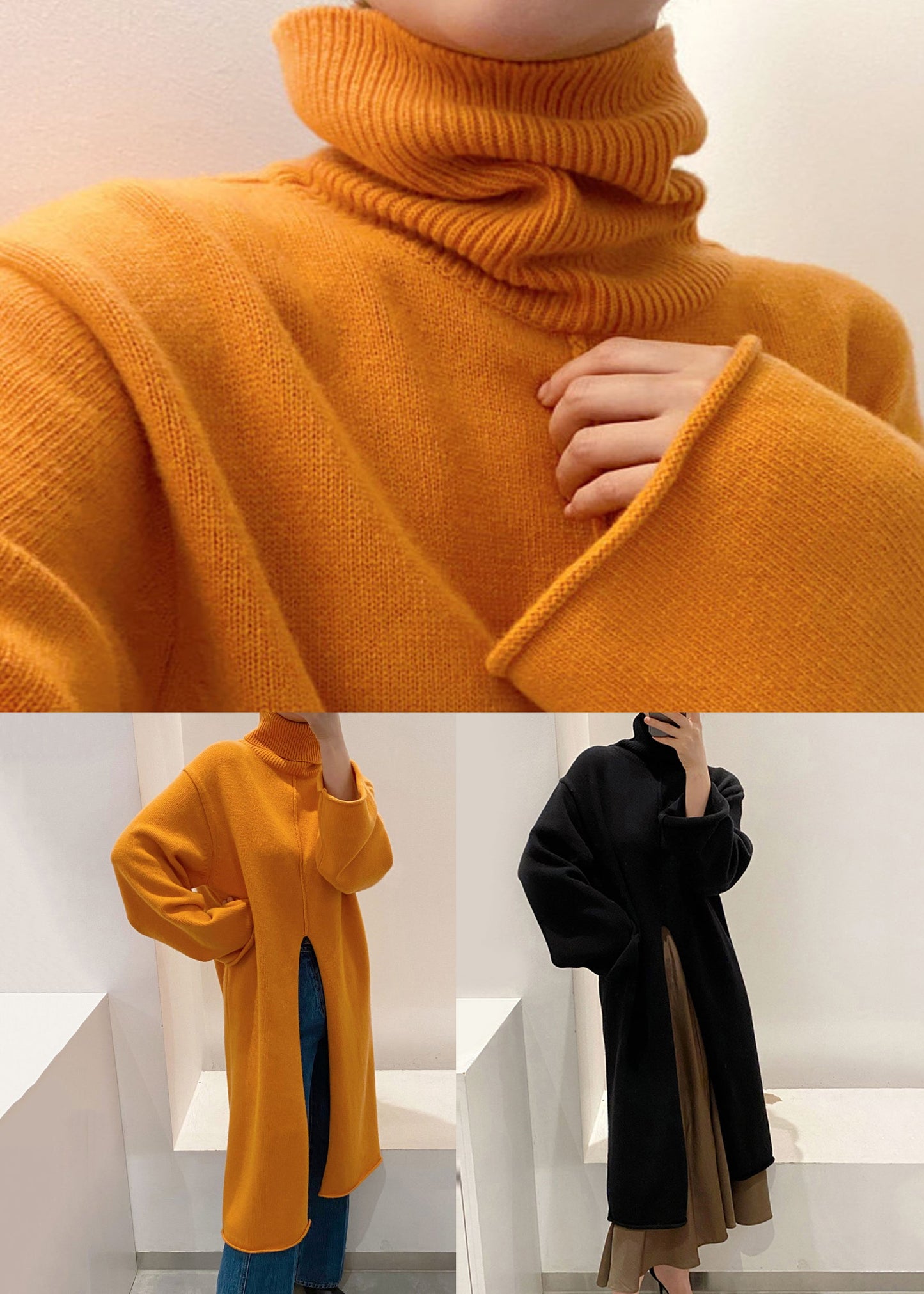 Black Front Open Solid Knit Winter Sweater Dress Turtleneck