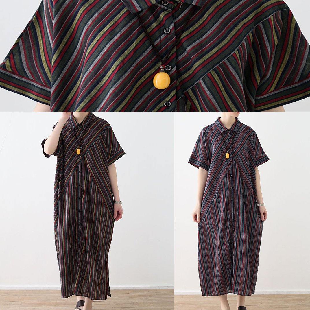 Italian yellow green linen dresses lapel collar Art summer shirt Dress