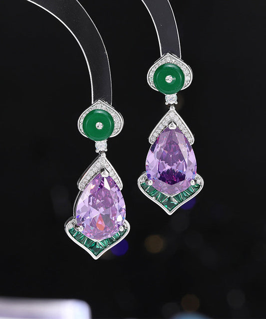 Chinese Style Pink Copper Overgild Gem Stone Water Drop Drop Earrings