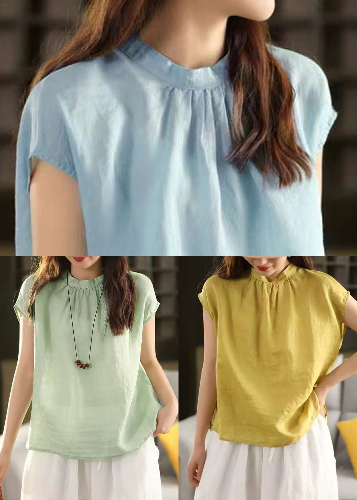 Casual Light Green Oversized Linen Tops Summer