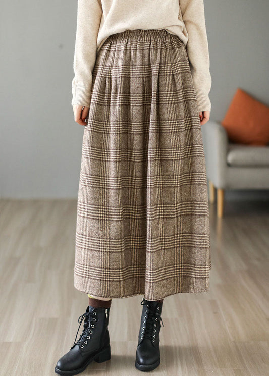 Khaki Plaid Cotton A Line Skirt Elastic Waist Thick Spring