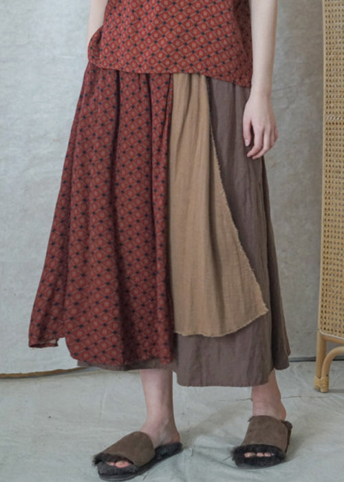 Vintage Colorblock elastic waist Asymmetrical Patchwork Cotton Skirts Spring