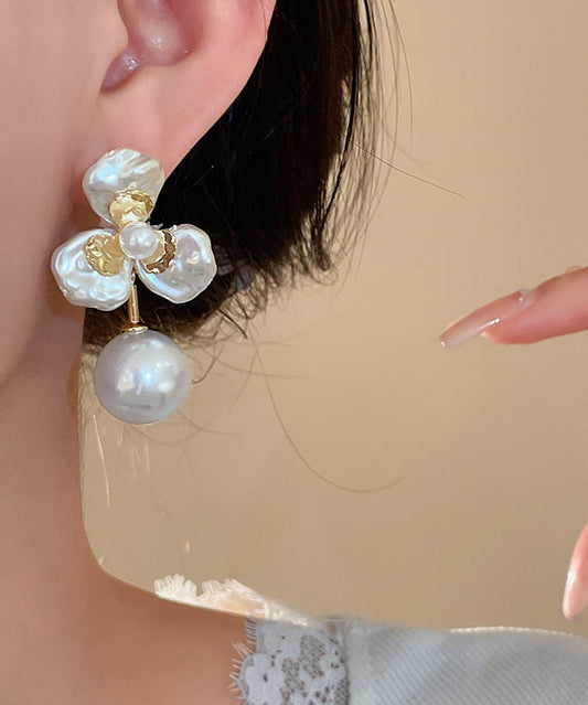 Boutique Gold Copper Alloy Pearl Flora Stud Earrings