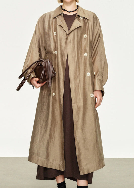 Loose Champagne Gold Peter Pan Collar Double Breast Linen Silk Long Trench Coat Fall