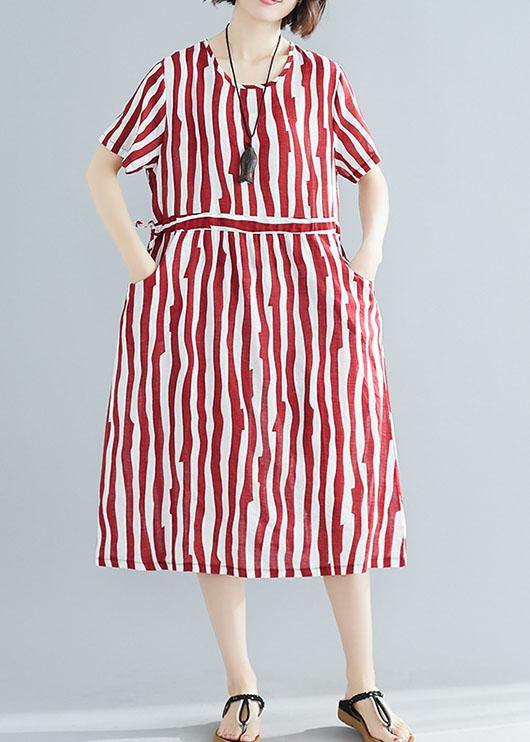 Handmade red striped clothes Women o neck drawstring Art summer Dress