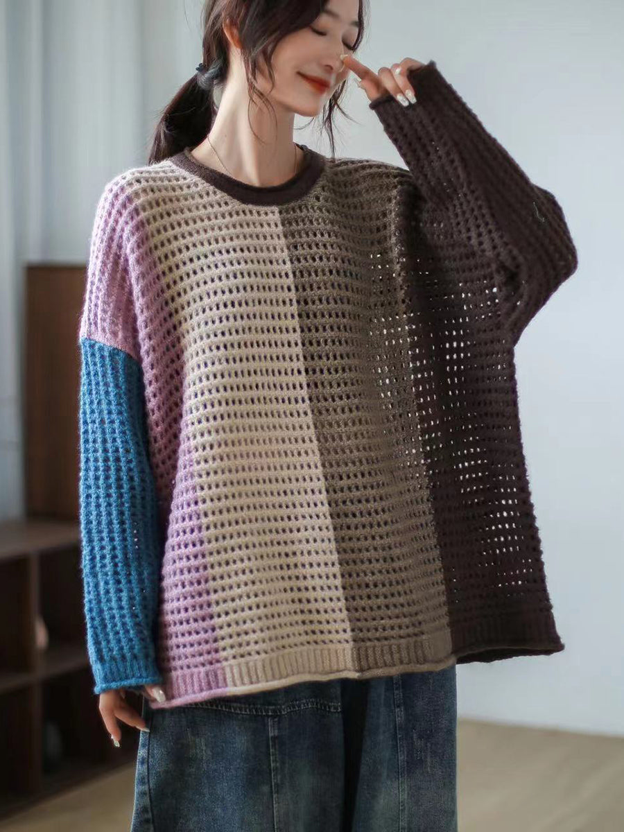 Women Plaid Hollow Out Long Sleeve Pullover Sweater